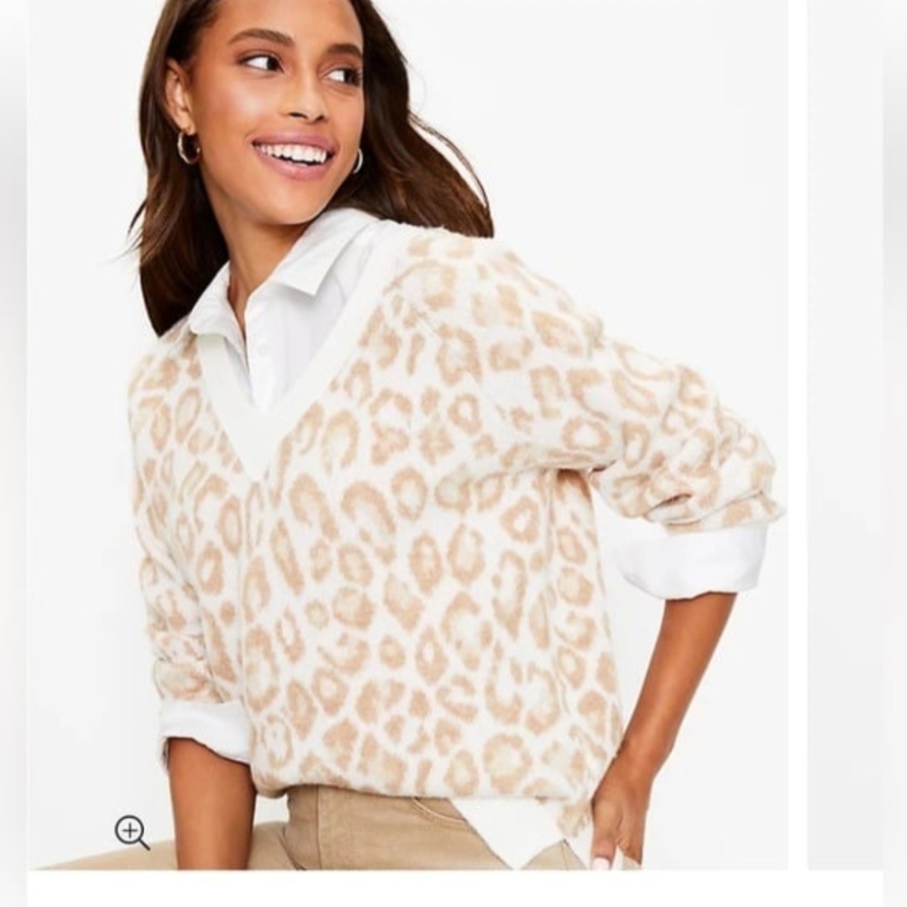 LOFT V-Neck Leopard Print Sweater XS